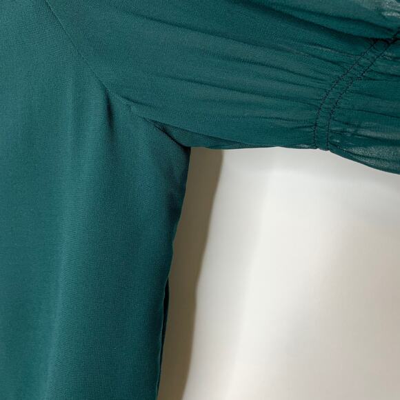 Dark Green Chiffon Blouse Gathered Bishop Sleeves Sz Medium - Picture 10 of 11
